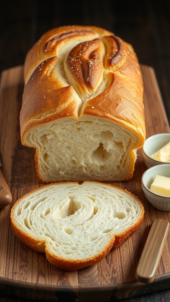 Basic Bread Recipe Using 2 kg of Flour Freshly baked bread loaf on a wooden board with slices and butter.